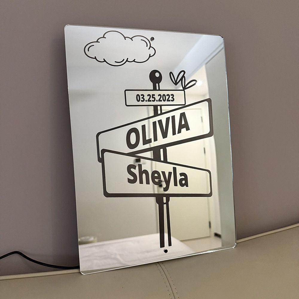 Custom Road Signs Mirror Light - Custom Mirror Sign with Couple Names and Date