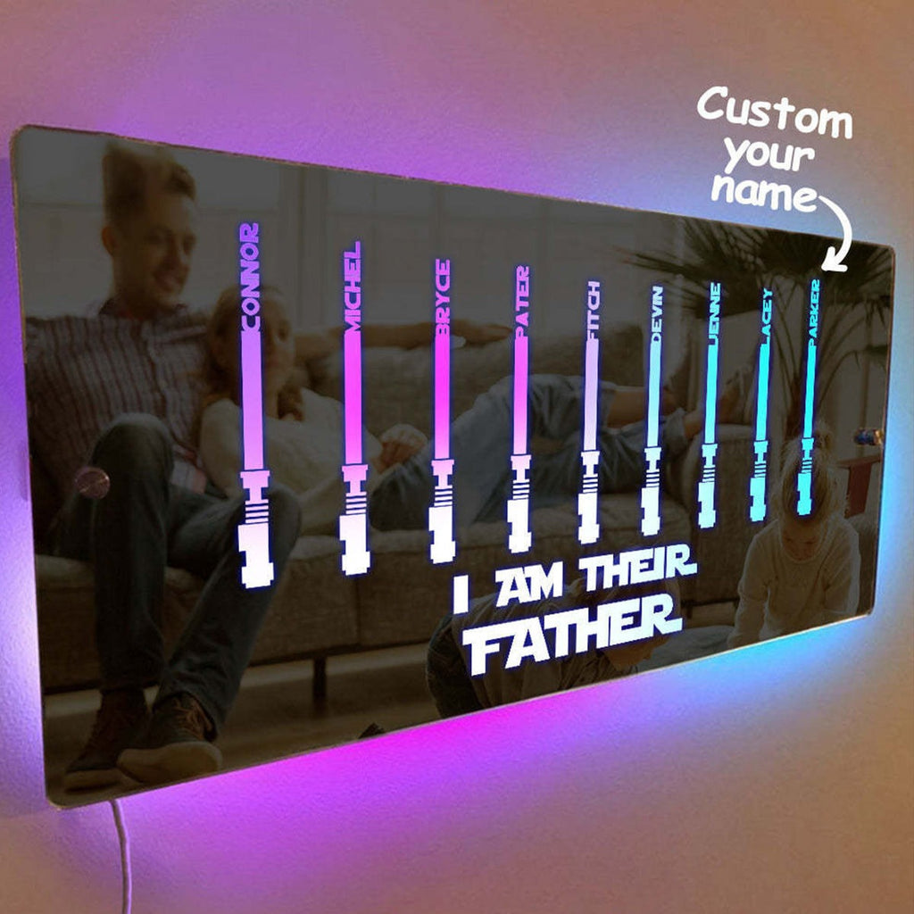 Personalized Name LED Neon Mirror - I AM THEIR FATHER Mirror - Custom Illuminated Name Mirror Sign - Cool Bedroom Decoration for Father's Day