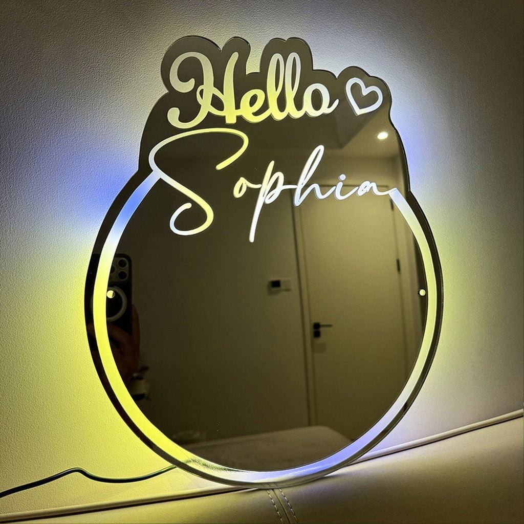 Personalized Round Names Mirror Sign with Hello - Cool Bedroom Decoration or Party Decoration for Girls