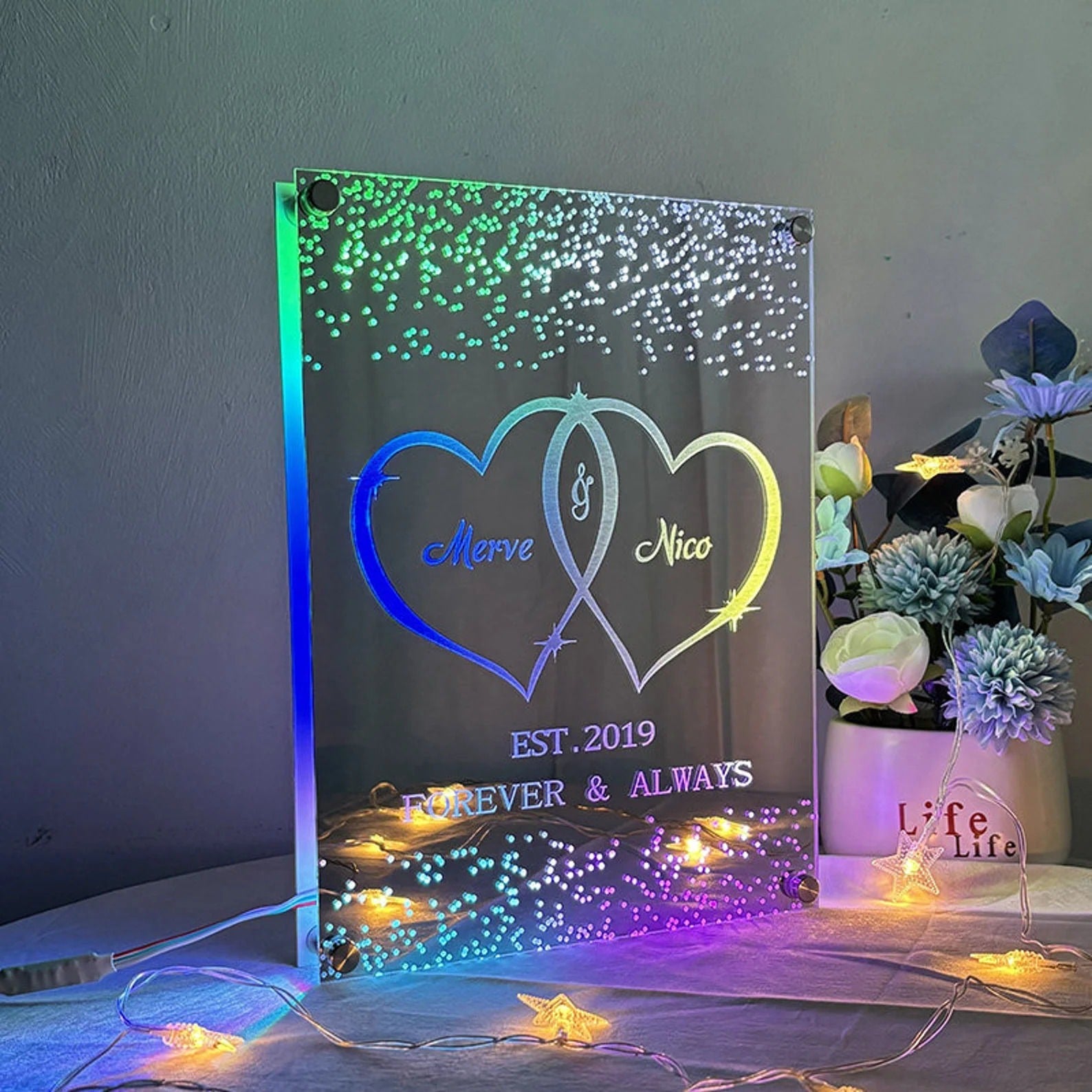 Custom Heart Mirror Sign - Personalized Mirror Sign with Couple Names and Text - Custom Mirror Night Light - Wall Decor - Best Wedding Gift, Birthday Gift for Couples