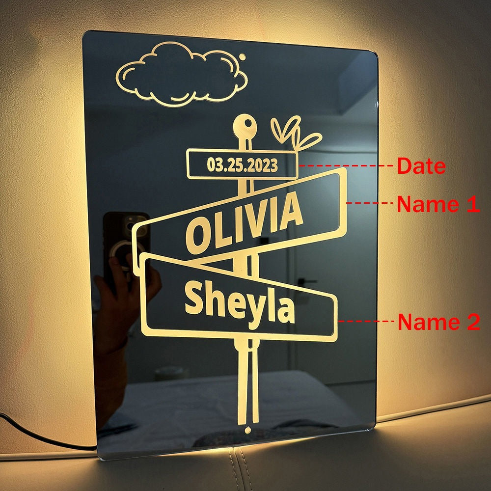 Custom Road Signs Mirror Light - Custom Mirror Sign with Couple Names and Date