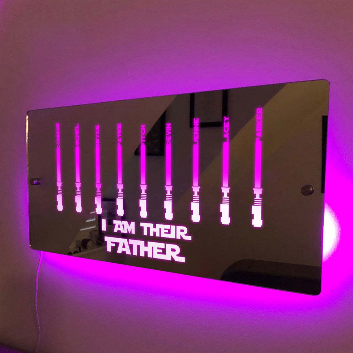 Personalized Name LED Neon Mirror - I AM THEIR FATHER Mirror - Custom Illuminated Name Mirror Sign - Cool Bedroom Decoration for Father's Day