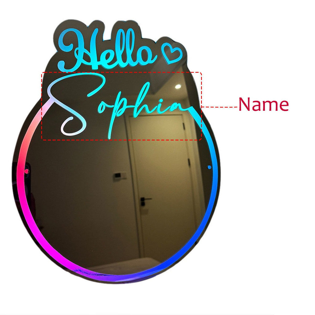 Personalized Round Names Mirror Sign with Hello - Cool Bedroom Decoration or Party Decoration for Girls