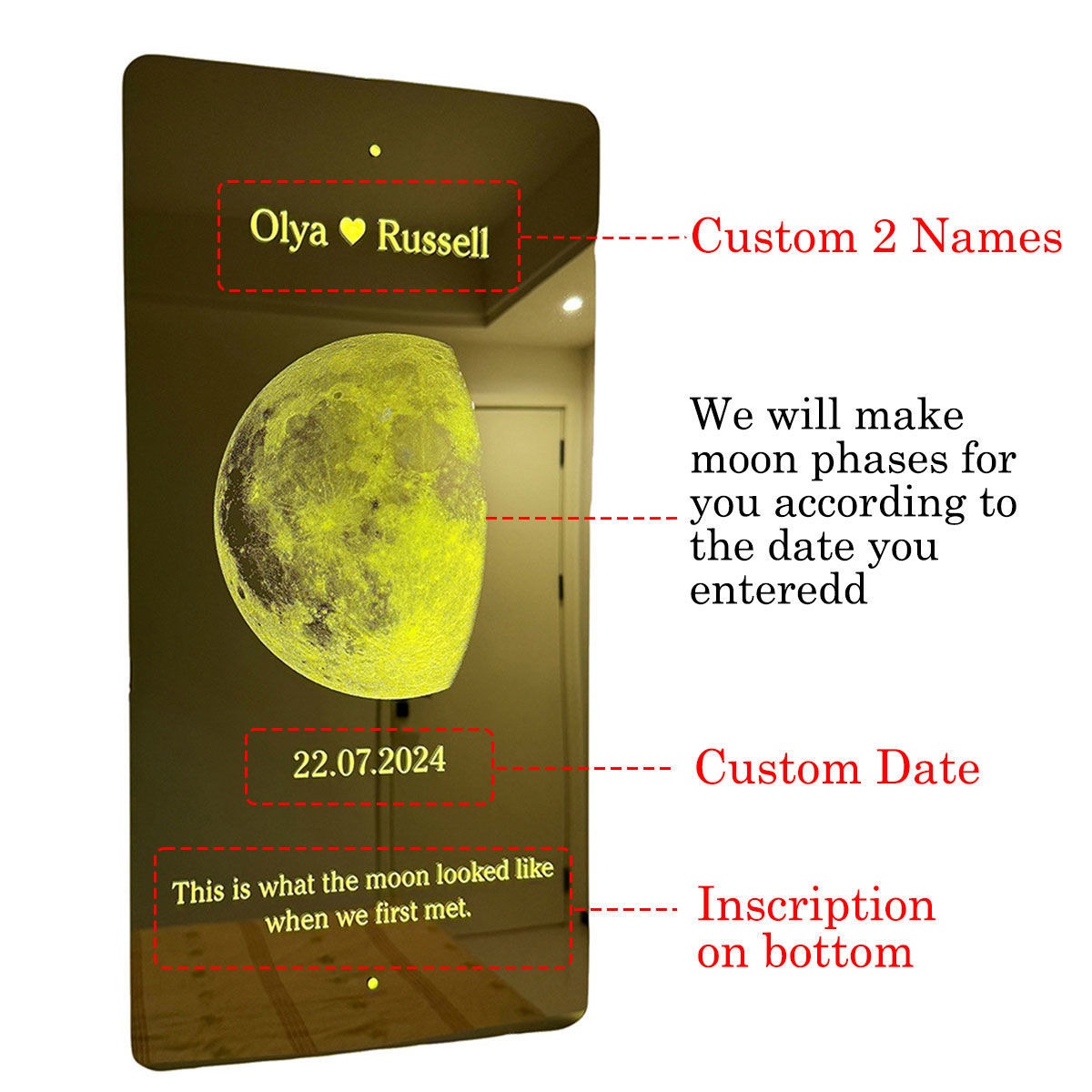Personalized Moon Phase Mirror Sign - Couples Anniversary Moon Phase Mirror with Names and Text - Best Gifts for Boyfriend, Girlfriend and Family