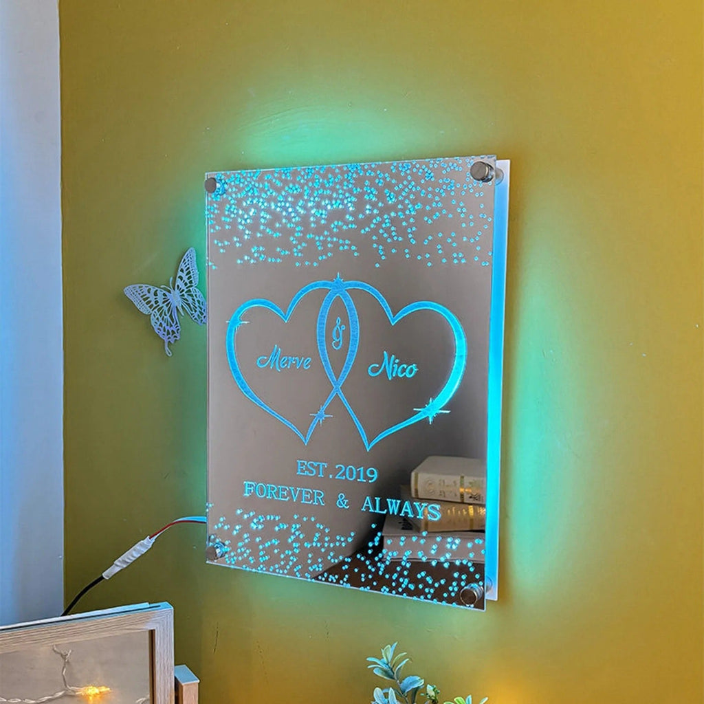 Custom Heart Mirror Sign - Personalized Mirror Sign with Couple Names and Text - Custom Mirror Night Light - Wall Decor - Best Wedding Gift, Birthday Gift for Couples