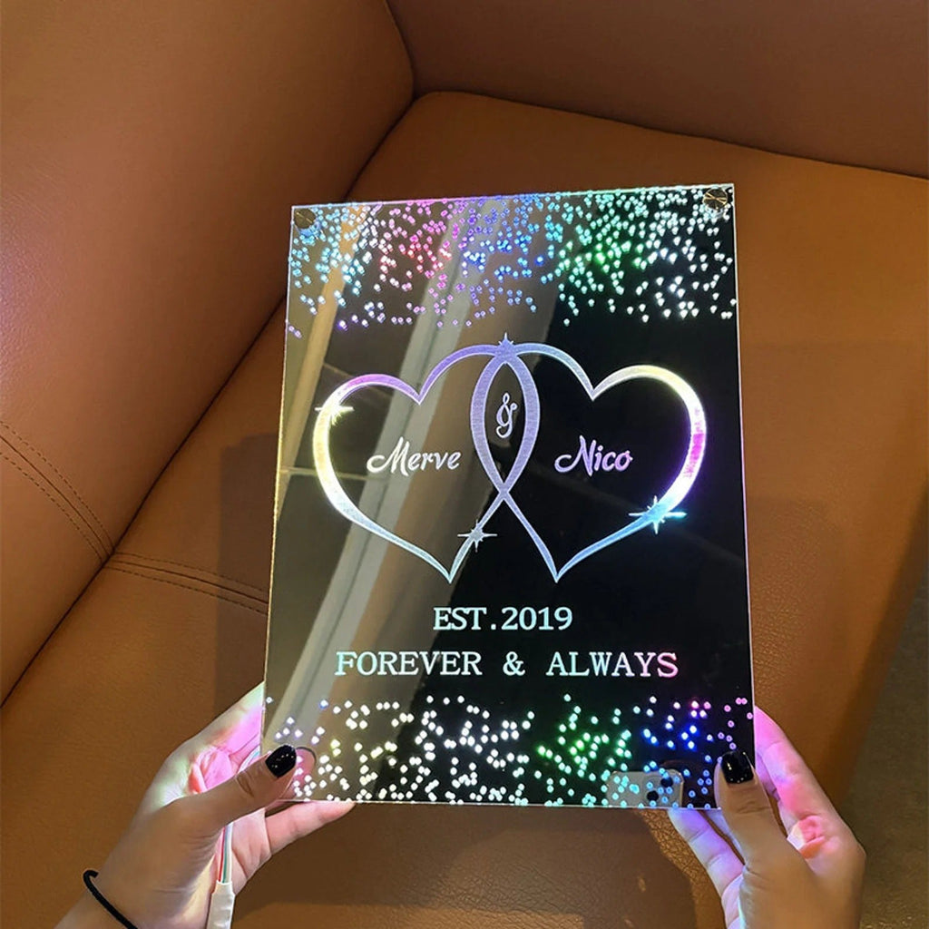Custom Heart Mirror Sign - Personalized Mirror Sign with Couple Names and Text - Custom Mirror Night Light - Wall Decor - Best Wedding Gift, Birthday Gift for Couples