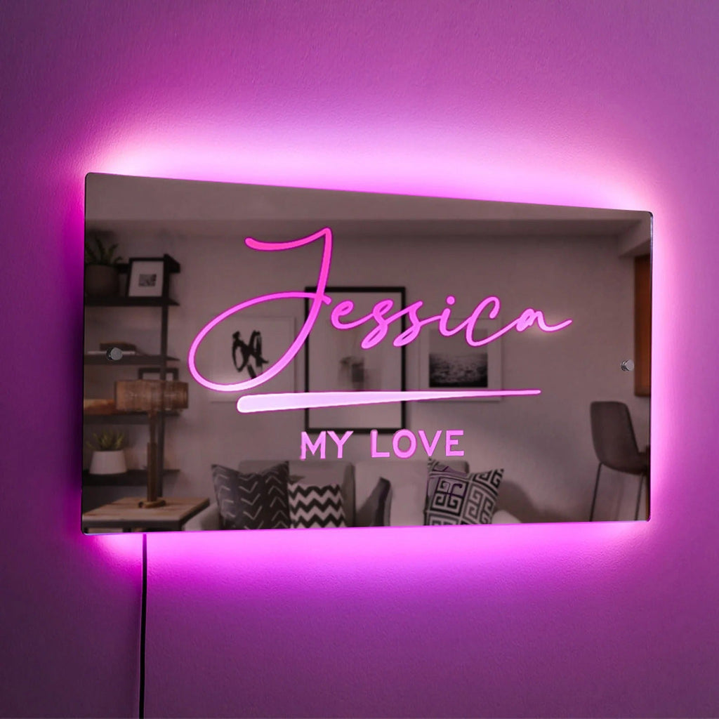 Personalized Name LED Neon Mirror | Custom Illuminated Name Mirror Sign | Cool Bedroom Decoration or Party Decoration