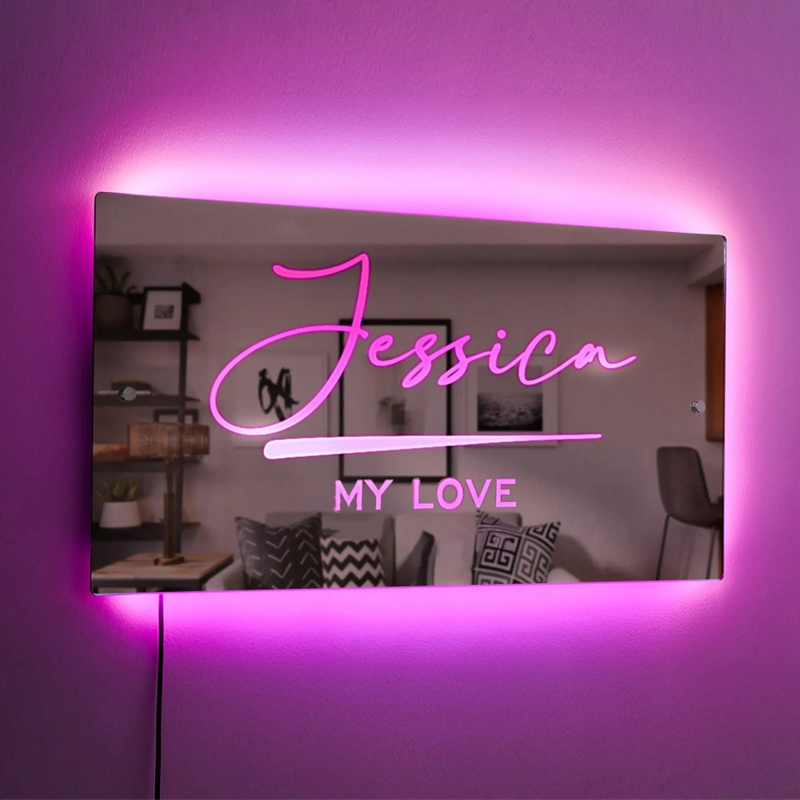 Personalized Name LED Neon Mirror | Custom Illuminated Name Mirror Sign | Cool Bedroom Decoration or Party Decoration
