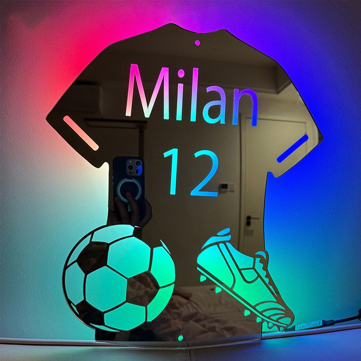 Personalized Football Jersey Mirror - Custom Illuminated Name Mirror Sign - Cool Bedroom Decoration or Party Decoration for Sports Lover