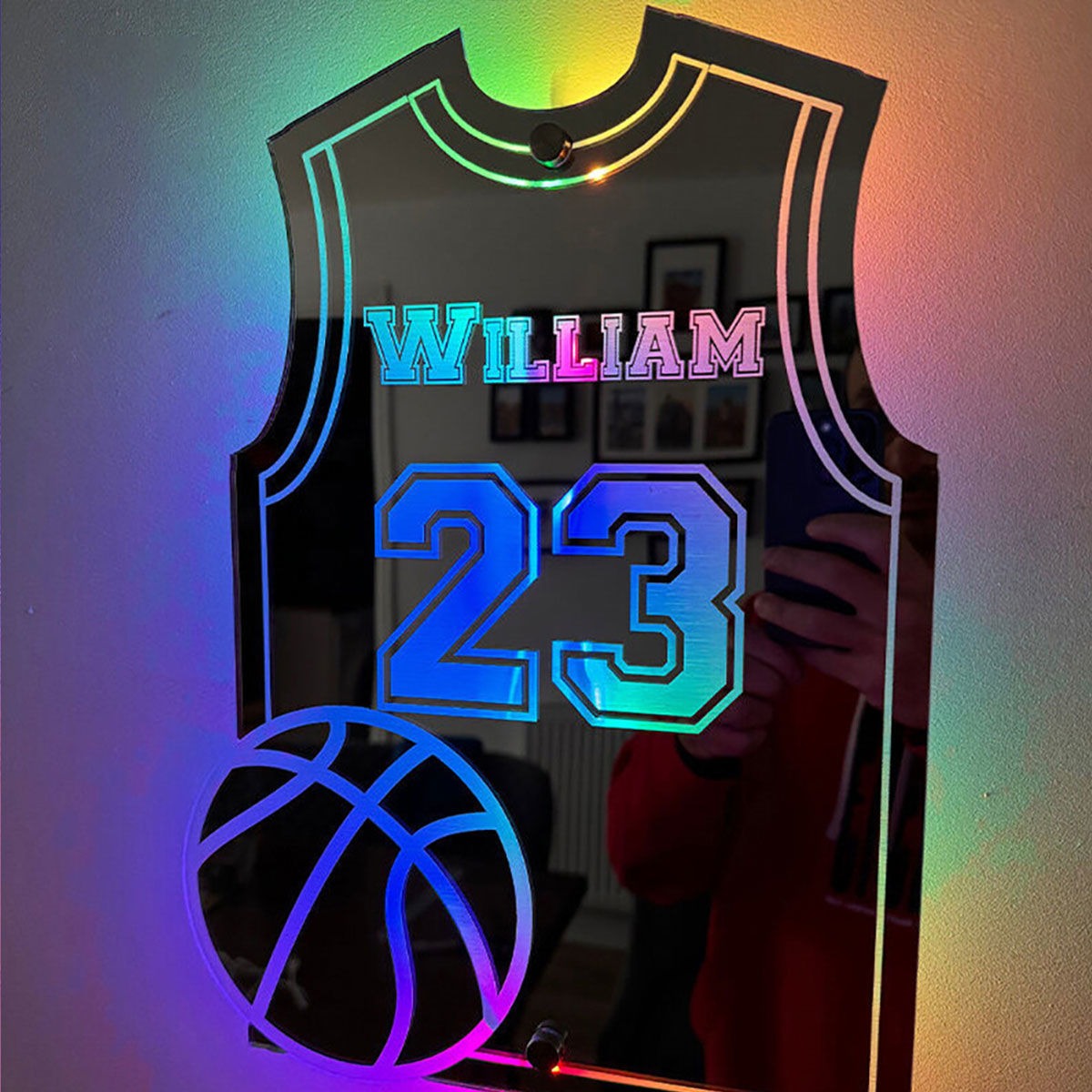 Personalized Basketball Jersey Mirror - Custom Illuminated Name Mirror Sign - Cool Bedroom Decoration or Party Decoration for Sports Lover